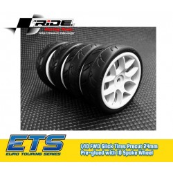 Ride 1/10 Slick Tires Precut 24mm Pre-glued with 10 Spoke Wheel White, 4pcs.